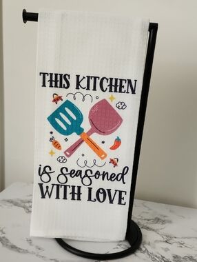 Kitchen Tea Towel - White with Colorful Utensil Design 18in X 28in